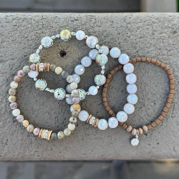 Beaded Bracelet Stack Set in Fall Colors grey brown neutrals Sparkle Accents - Picture 5 of 5